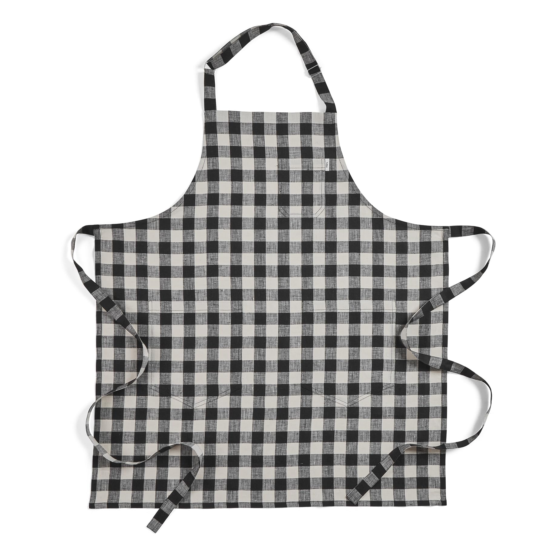 Solino Home 100% Pure Linen Apron, 33 x 30 in, Black and Cream, Bib Apron