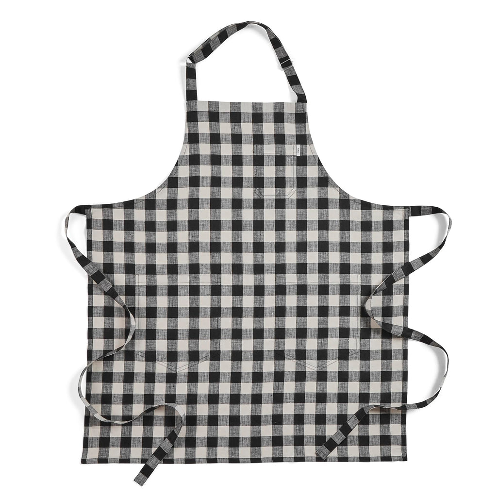 Solino Home 100% Pure Linen Apron, 33 x 30 in, Black and Cream, Bib Apron