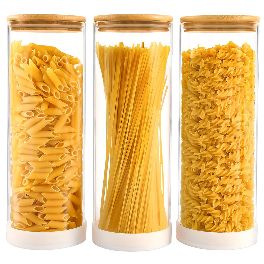 TBWIND 73oz Glass Spaghetti Pasta Containers for Pantry Organization, 3-Pack Large Airtight Food Jars with Bamboo Lids and Protective Silicone Base, Clear Storage Canisters for Flour, Cereal, Rice