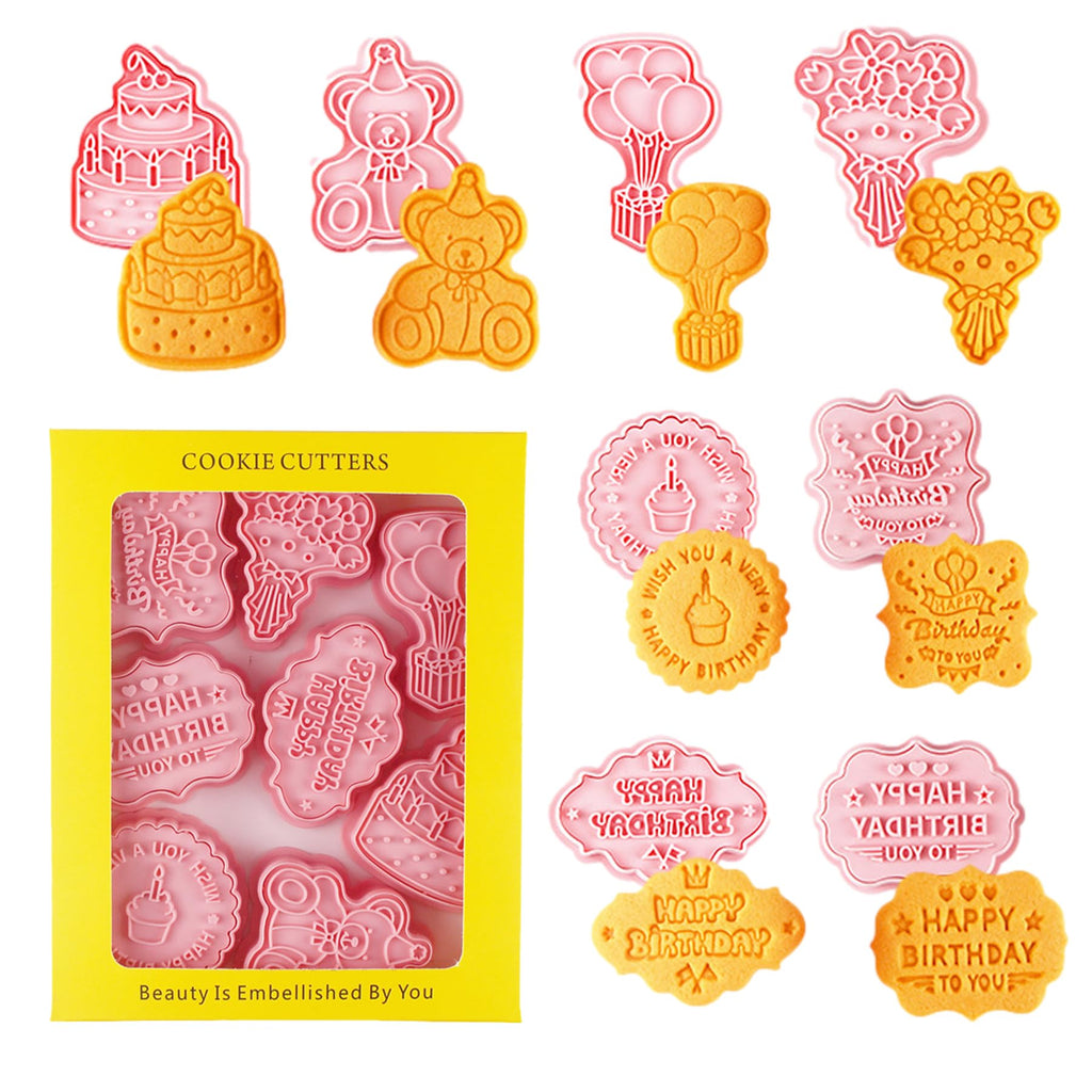 8PCS Happy Birthday Cookie Cutter Sets 3D Plastic Cookie Cutters with Plunger Stamps Pressable Biscuit Mold Cookie Molds Cake Baking Fondant Cutter Birthday Party DIY Cookie Decorating Supplies(C)