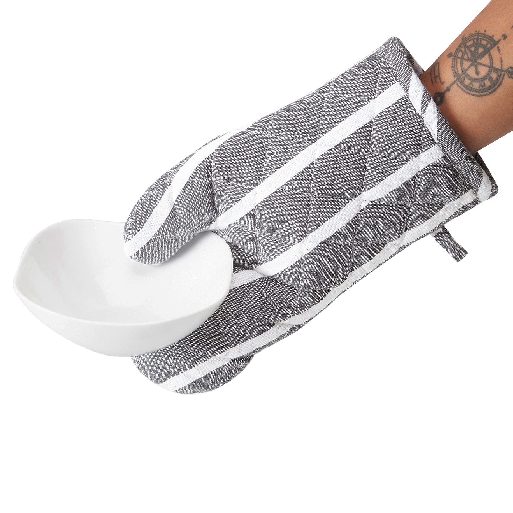 Encasa XO Oven Mitts, Heat Resistant Kitchen Cooking Gloves Roma Grey Stripes