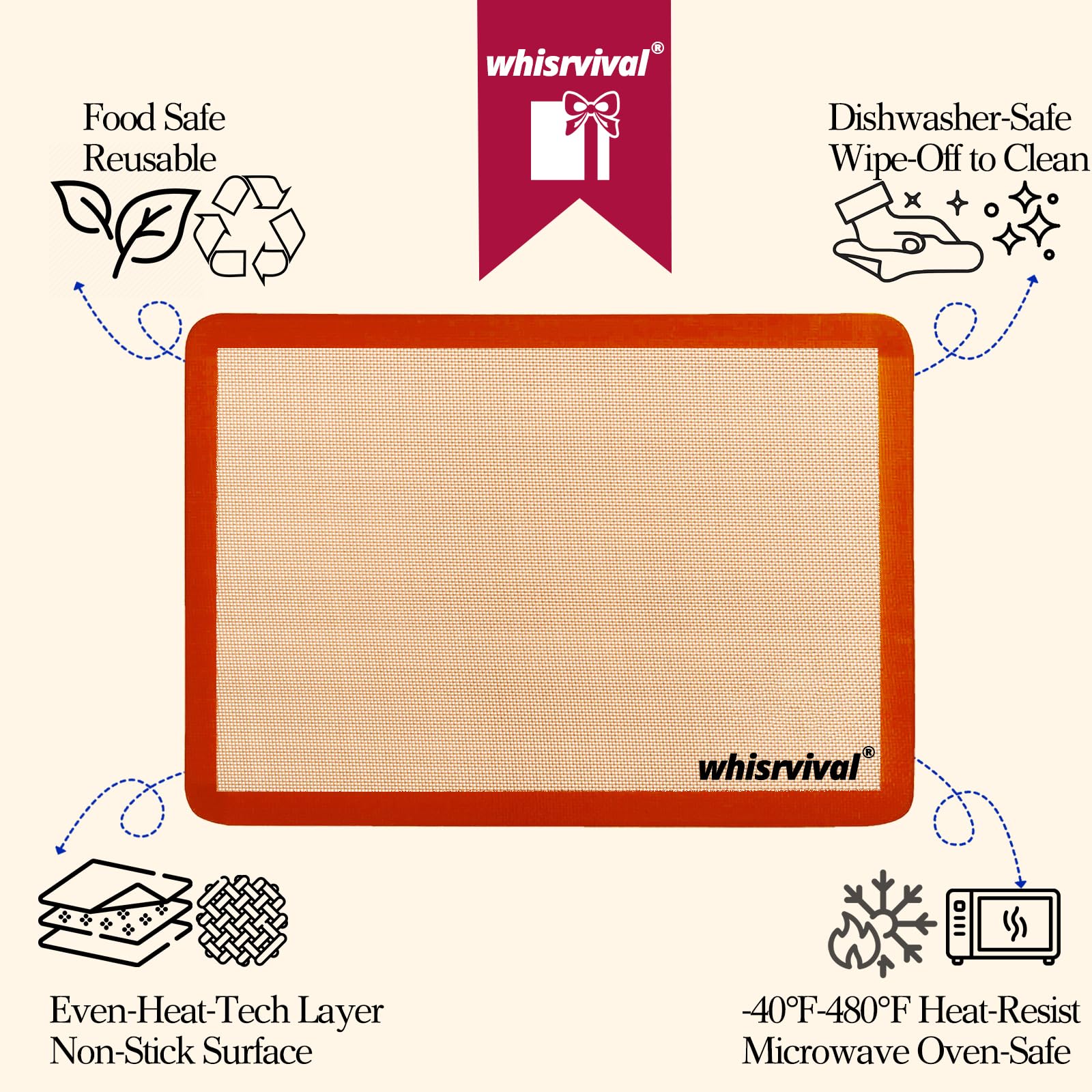whisrvival Silicone Baking Mat, Reusable Silicone Baking Sheets for Oven, 2Pcs Half Sheet(16.5"x11.6") Non-Stick (Orange)