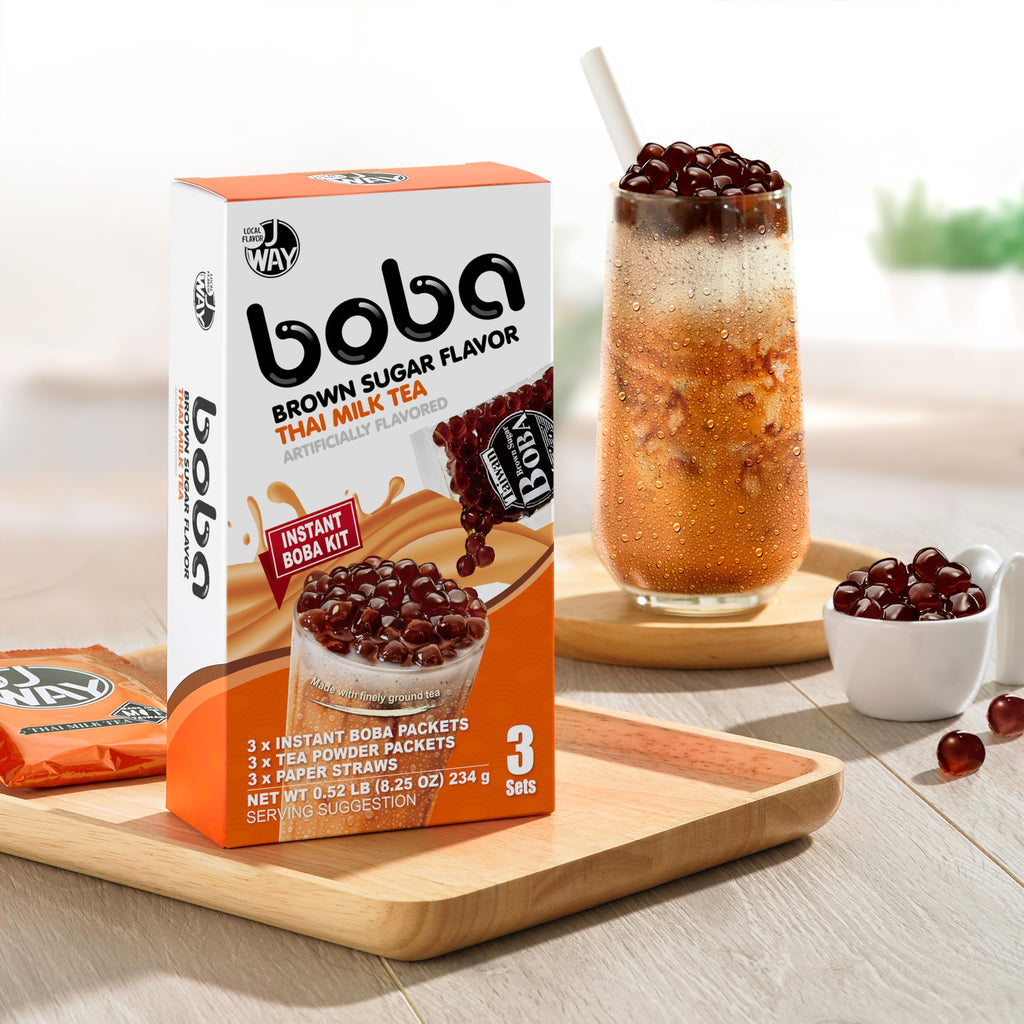 JWAY Instant Thai Milk Boba Tea Kit with Authentic Brown Sugar Tapioca Boba Pearls, Bubble Milk Tea Boba Set, Ready in Under 1 Minute, Paper Straws Included, 3 Servings