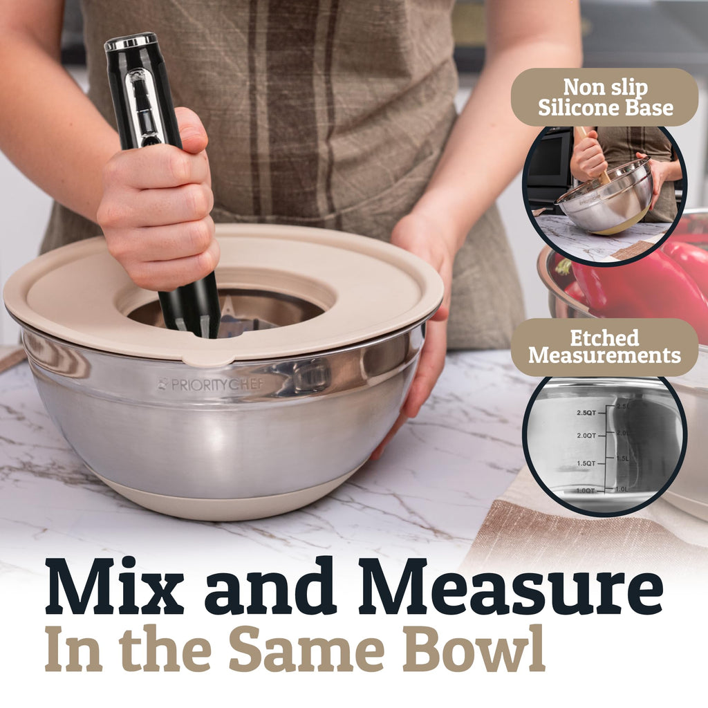 Priority Chef 6pc Stainless Steel Mixing Bowls with Lids Set, 7 Qt, Khaki