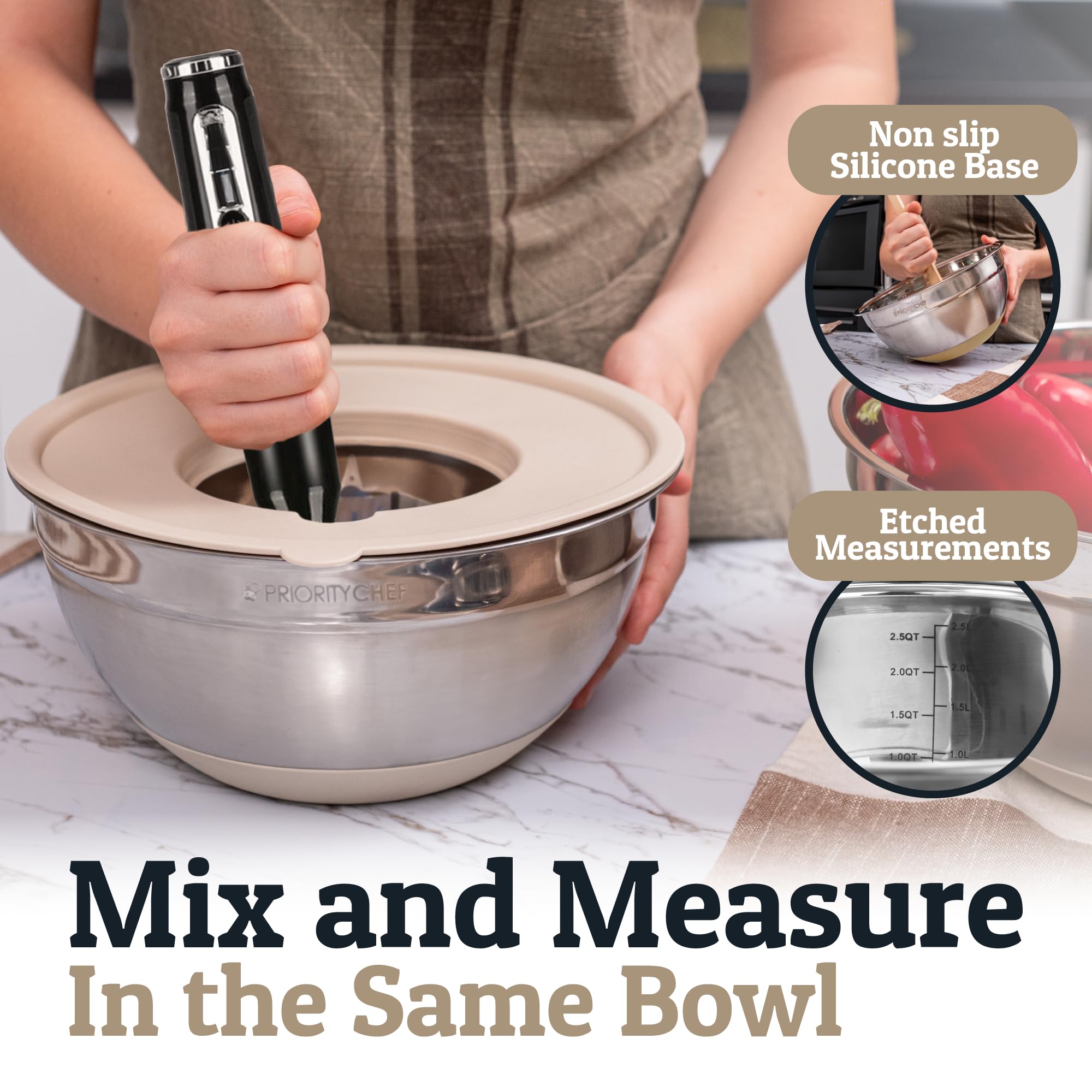 Priority Chef 6pc Stainless Steel Mixing Bowls with Lids Set, 7 Qt, Khaki