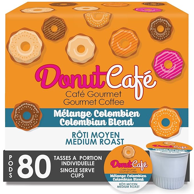 Donut Café - Coffee Gourmet Pods, Colombian Blend, Medium Roast – Non-GMO, Gluten Free – Compatible with Keurig K Cup Brewers – Smooth & Delicious – 80 Count