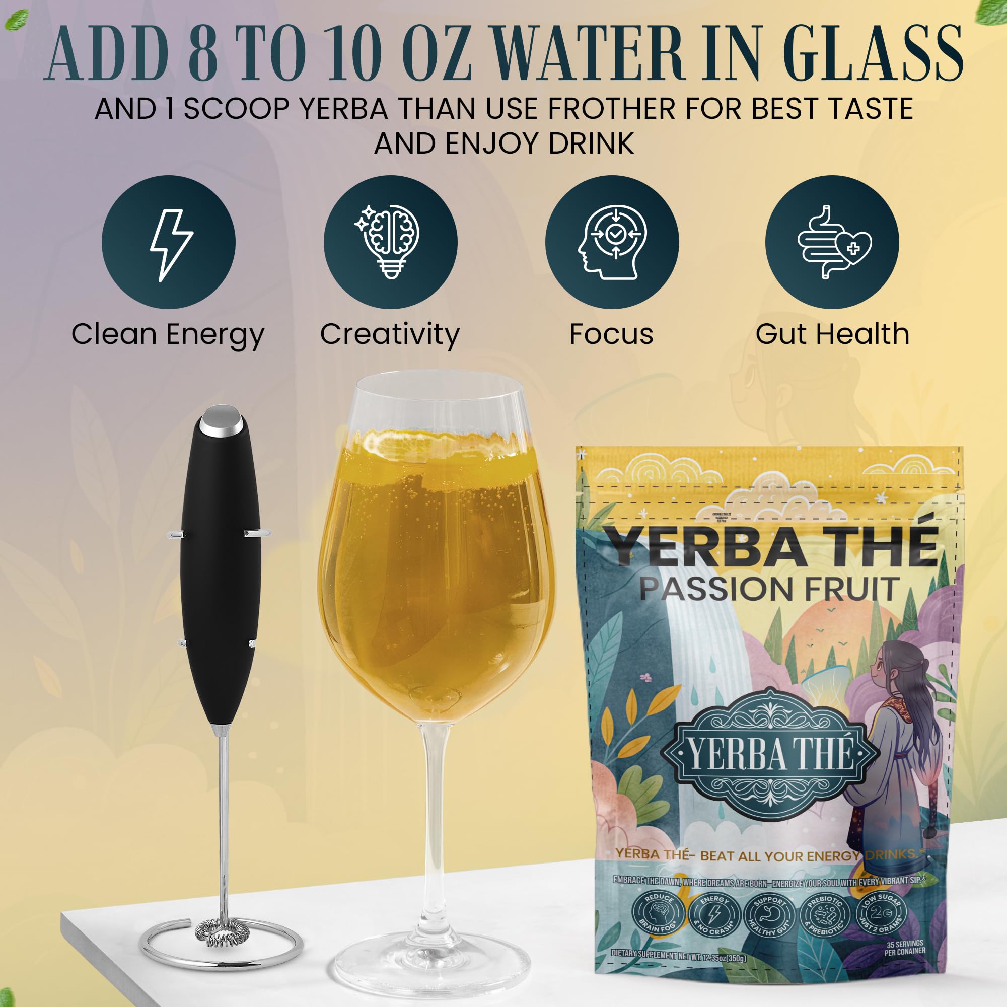Yerba Mate Powder - Clean Energy & Focus - Organic Yerba Mate Tea 350g - Supports Gut Health with Probiotics & Prebiotics, Brain Fog Relief, Focus & Relaxation - Passion Fruit Flavor, 35 Servings