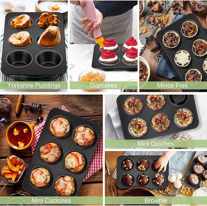 TeamFar Muffin Pan, 6 Cup Muffin Tin Cupcake Pan Tray with Nonstick Coating and Stainless Steel Core, for Home/Kitchen Baking, Healthy & Heatproof, Release Easily & Easy Clean, Set of 2