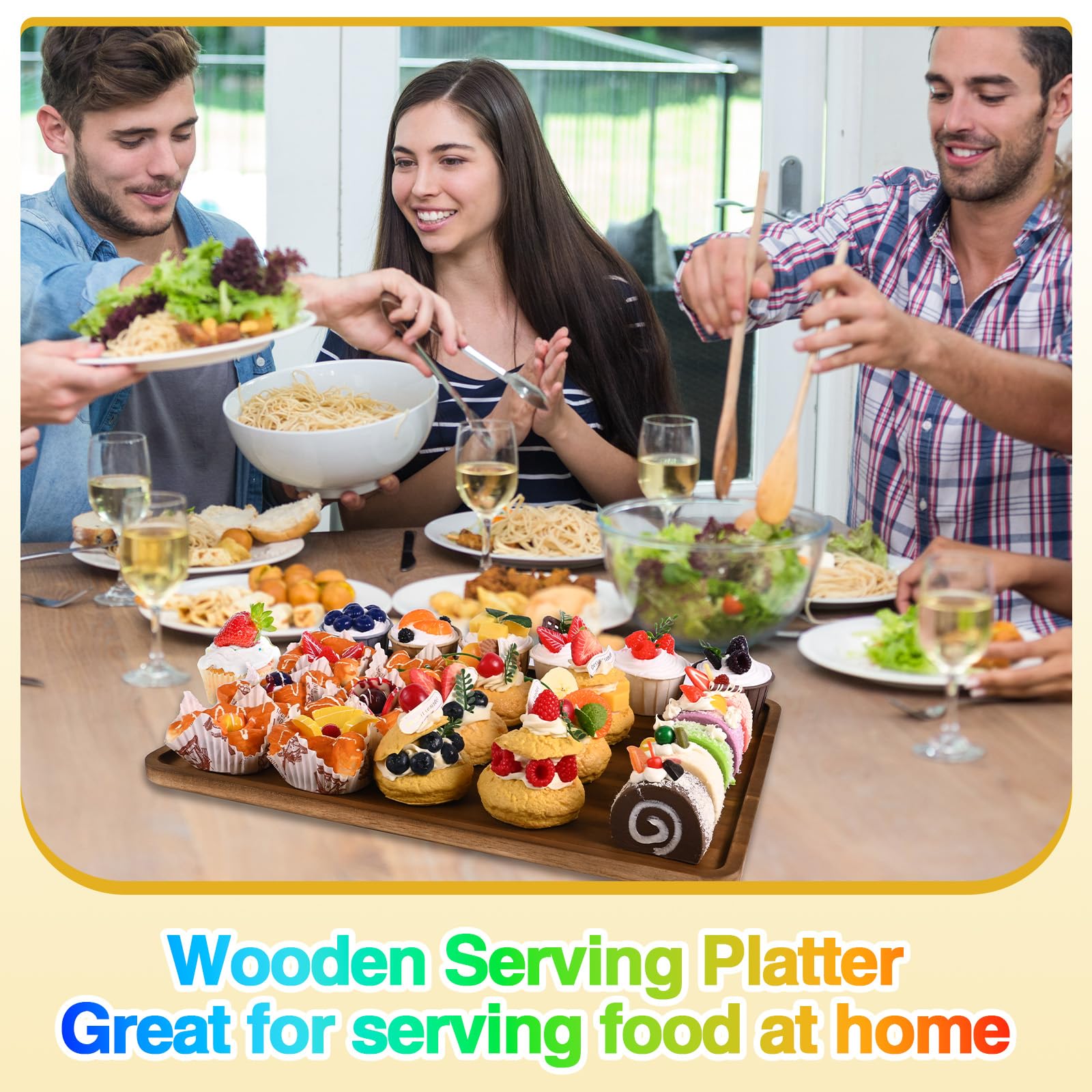 BIEOFFEI 2 Pcs Acacia Wood Serving Tray, Rectangular Wooden Serving Platters Charcuterie Board, Large Wood Kitchen Display Tray for Food, Cookie, Dessert, Fruit, Snack, Vegetable, 16.6" x 12.6" x 0.6"