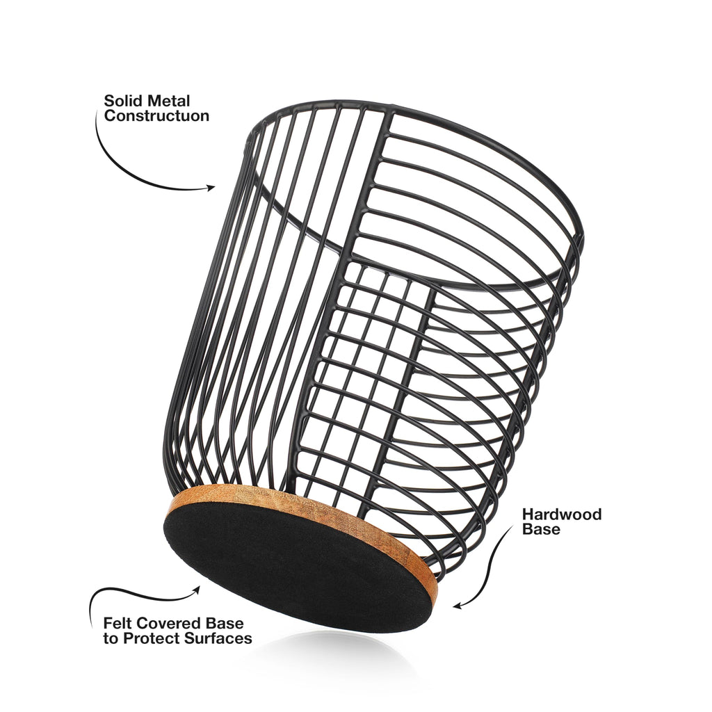 MosJos Coffee Pod Holder -Black Wire K Cup Storage with Wooden Base - Large Capacity Slim Design - Modern Coffee Basket Decor for Kitchen Countertop for Keurig Kcups & Espresso Capsules