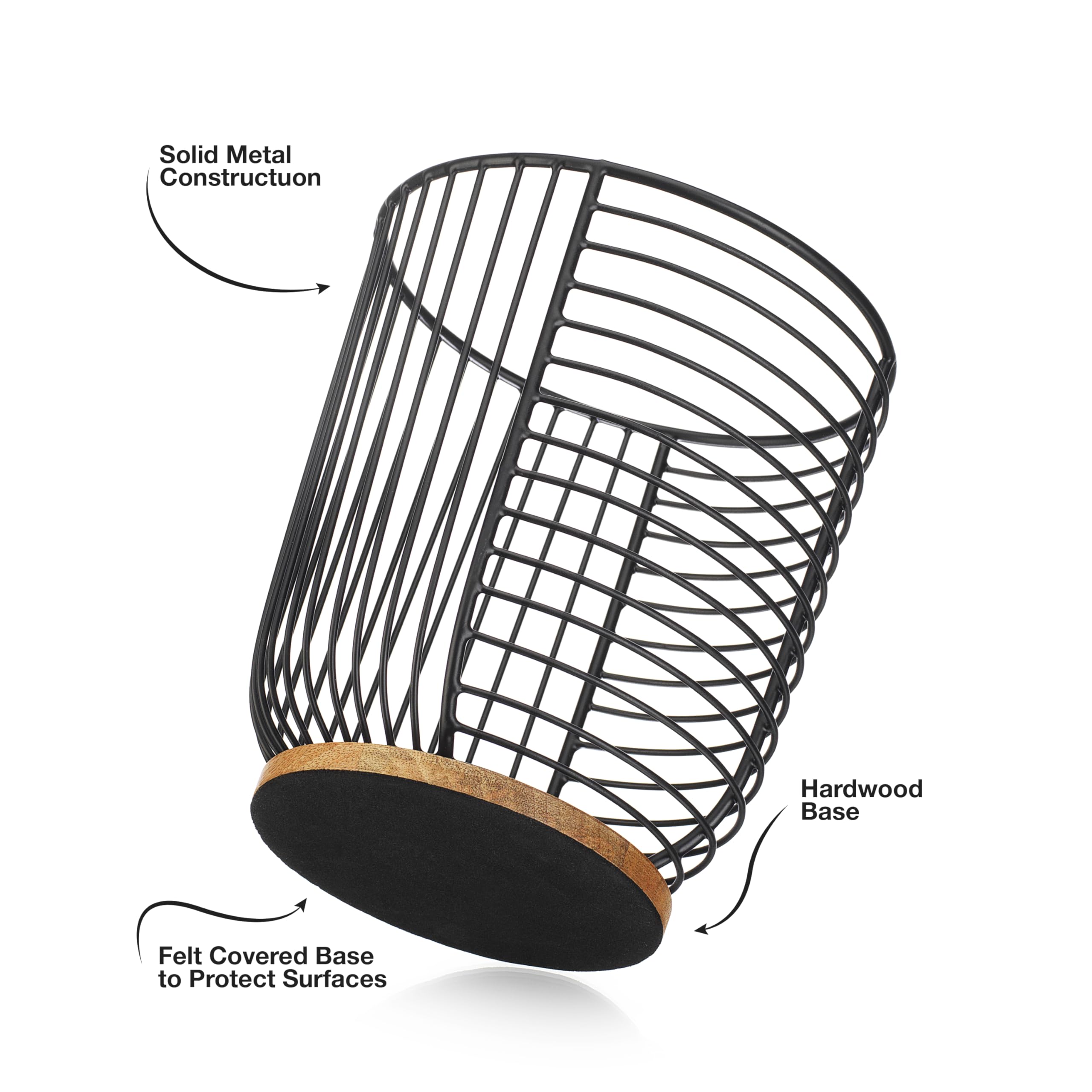 MosJos Coffee Pod Holder -Black Wire K Cup Storage with Wooden Base - Large Capacity Slim Design - Modern Coffee Basket Decor for Kitchen Countertop for Keurig Kcups & Espresso Capsules