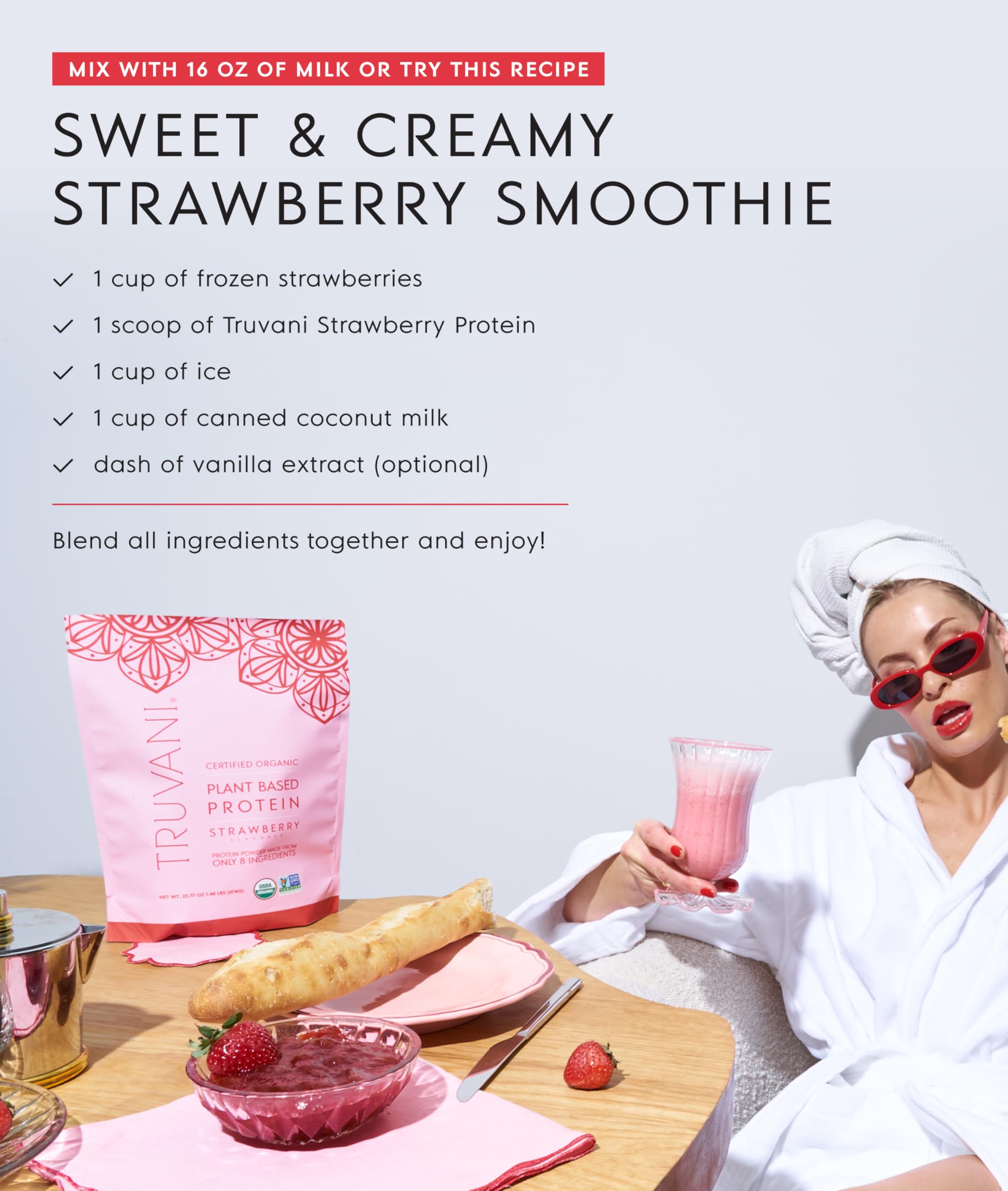 Truvani Organic Plant Based Protein Powder | Strawberry | 10 Servings