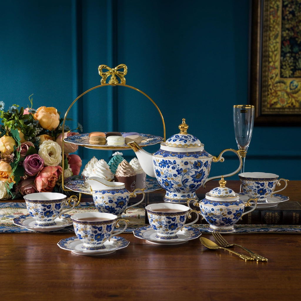 ACMLIFE Tea Set for Adults, Vintage Tea Sets, Bone China Tea Set, Tea Cup Set Porcelain Tea Set for 6, Floral Tea Cup Set With Teapot, 21 Pieces Tea Party Sets for Women Gift，Mother's Day (Blue)