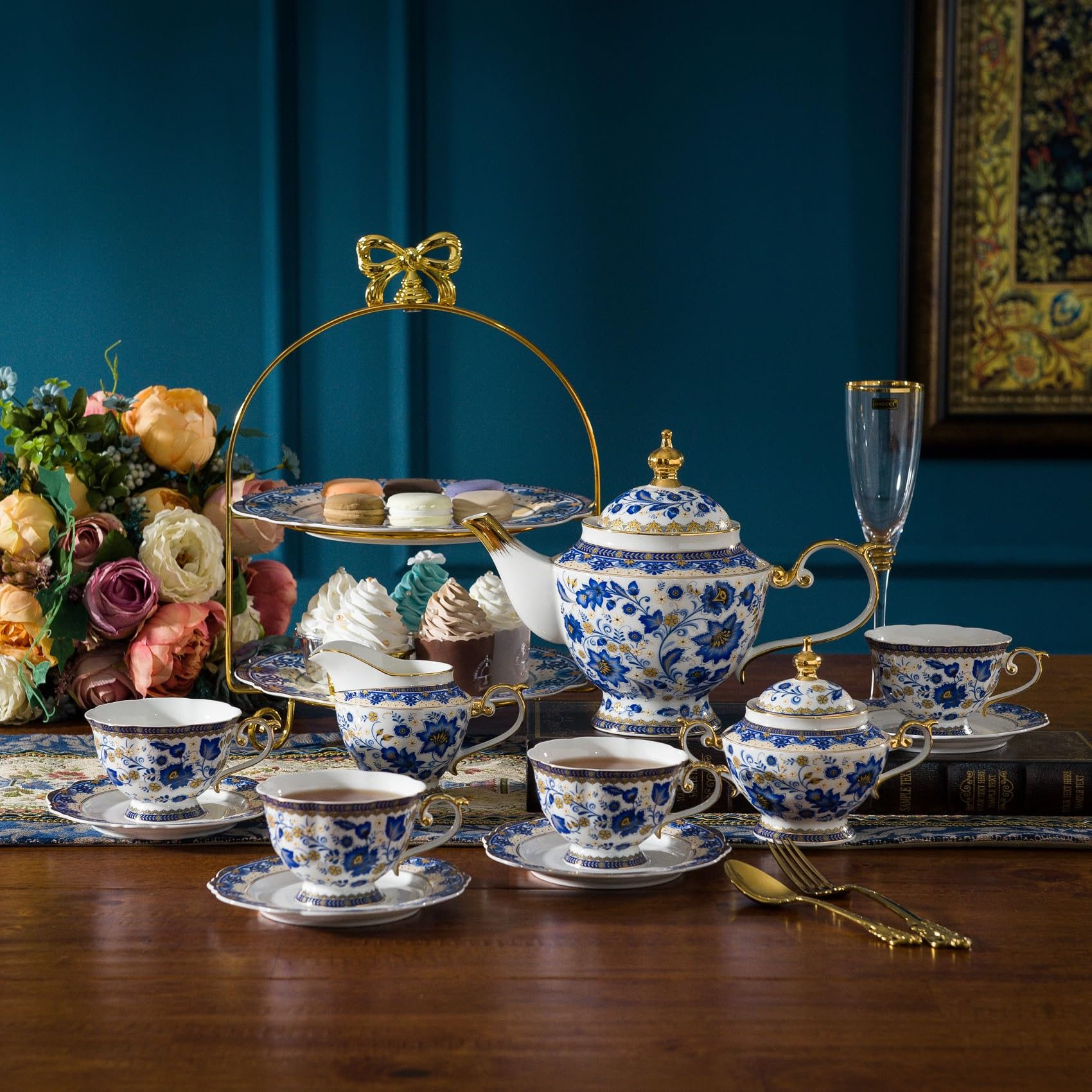 ACMLIFE Tea Set for Adults, Vintage Tea Sets, Bone China Tea Set, Tea Cup Set Porcelain Tea Set for 6, Floral Tea Cup Set With Teapot, 21 Pieces Tea Party Sets for Women Gift，Mother's Day (Blue)