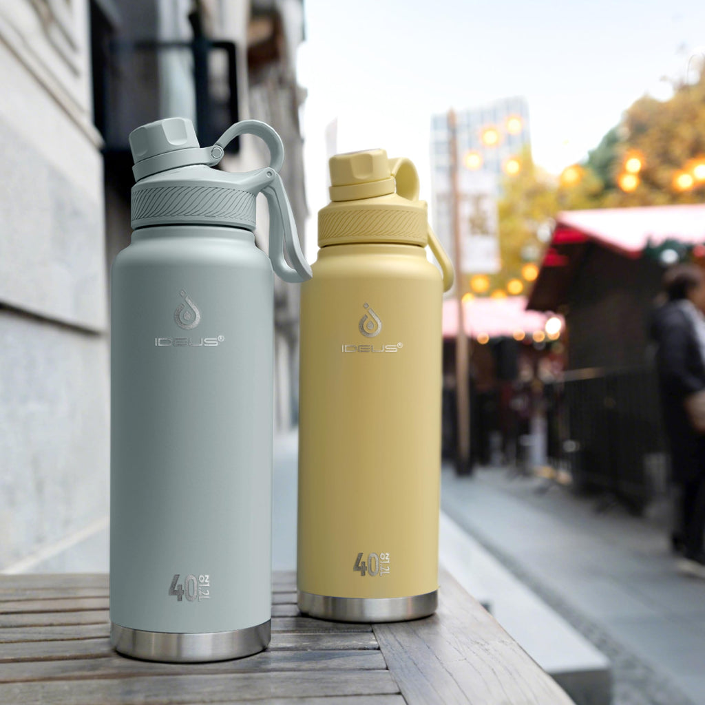 IDEUS 40oz Stainless Insulated Bottle with 2 Leak-Proof Lids, Light Yellow