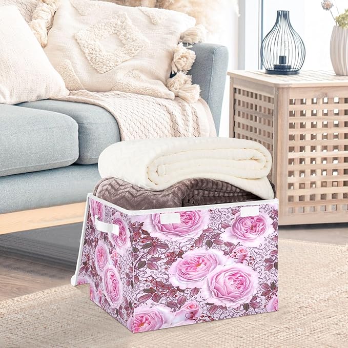 susiyo Beautiful Delicate Pink Roses fabric storage baskets with lids,Collapsible Storage Boxes,Foldable storage boxes with handles for Home,Office,Closet Organization