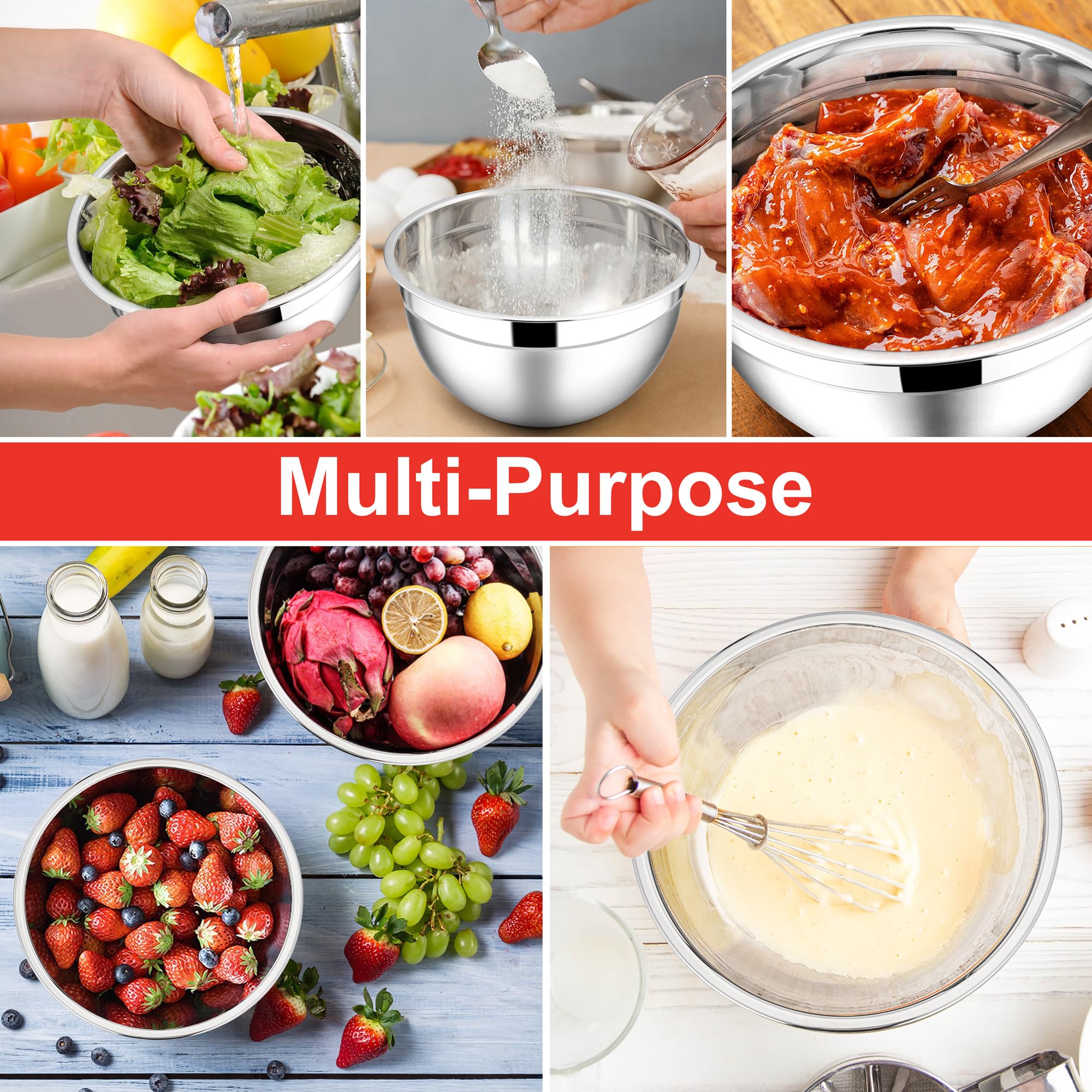 E-far Mixing Bowls with Lids, 12-Piece Stainless Steel Salad Bowls Metal Nesting Bowls for Baking Cooking and Prepping, Airtight Lids & Stackable Design, Size 7, 4.5, 3, 1.5, 1.2, 0.7 QT (Red)