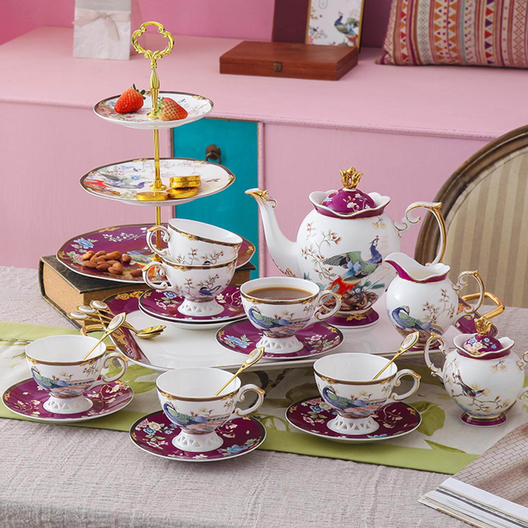 ACMLIFE Bone China Tea Set for Adults with Teapot, Porcelain Tea Party Sets 21-Piece Vintage Floral Fine Bone China Tea Set for 6, 24K Gold English Tea Sets for Women Tea Party for Gifts