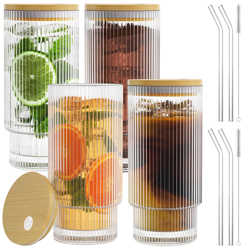 AFINSEA 16OZ Ribbed Glass Cups with Lids and Straws,Iced Coffee Cups with Bamboo Lid,Vintage Glassware for Whiskey Cocktail Beer Fruit Juice Glasses Tumbler(4 Pack)