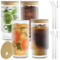 AFINSEA 16OZ Ribbed Glass Cups with Lids and Straws,Iced Coffee Cups with Bamboo Lid,Vintage Glassware for Whiskey Cocktail Beer Fruit Juice Glasses Tumbler(4 Pack)