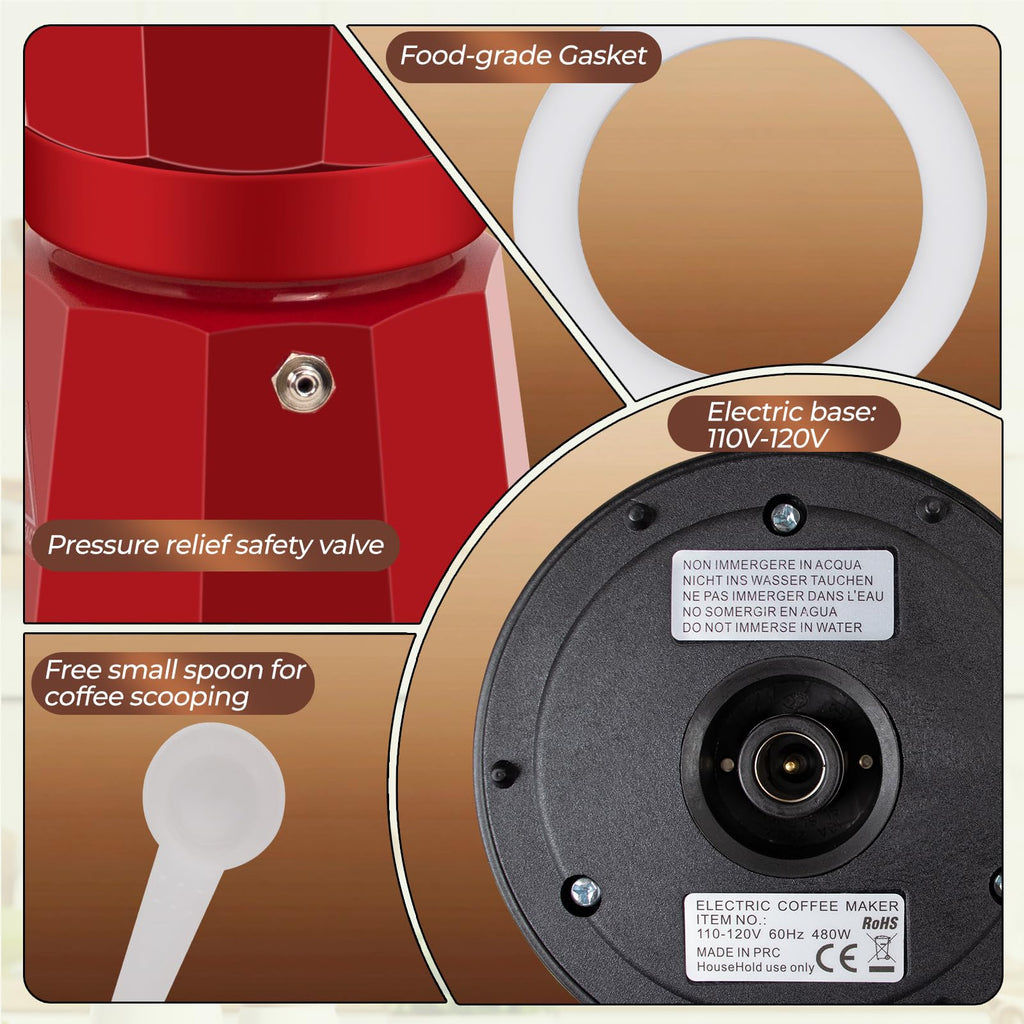 Vaolvpant Electric Aluminum Moka Pot 3-6 Cup 150-270ml Espresso Maker