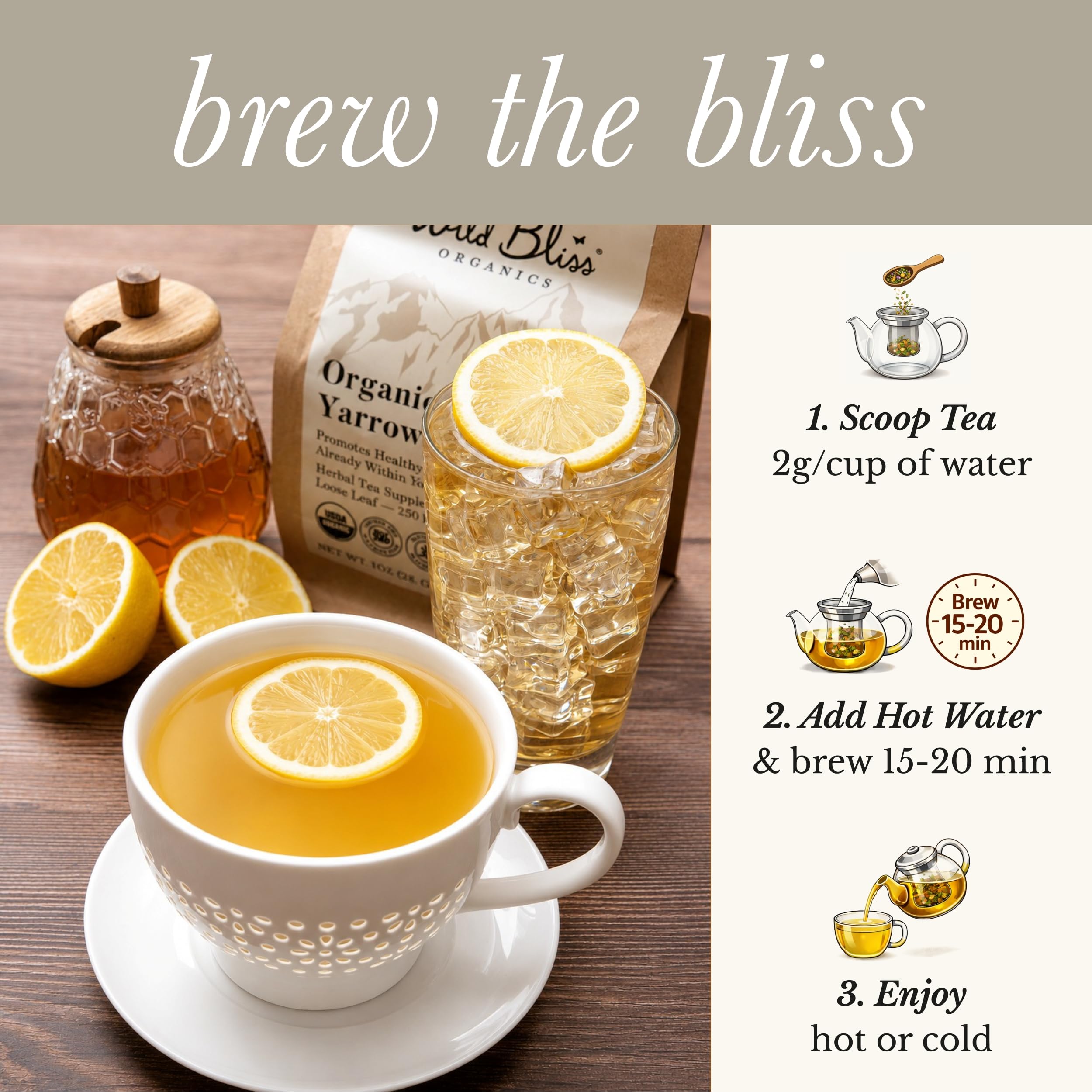 Wild Bliss Organic Yarrow Flower Tea - Caffeine Free Loose Leaf Herbal Tea - Pharmacopoeia Potency - 7 Ounces - 100 Servings