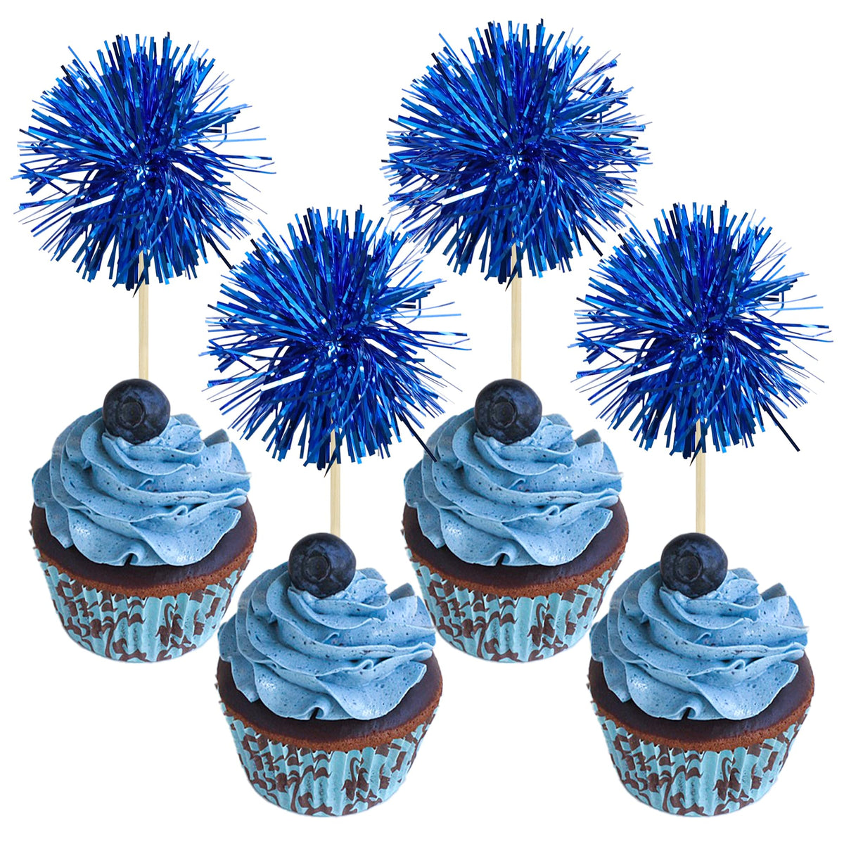 Gyufise 30Pcs Foil Firework Cupcake Toppers Sparkle Tinsel Cake Toppers Tinsel Drink Cake Decoration Cocktail Picks for Birthday Wedding Graduation Party Supplies Dark Blue