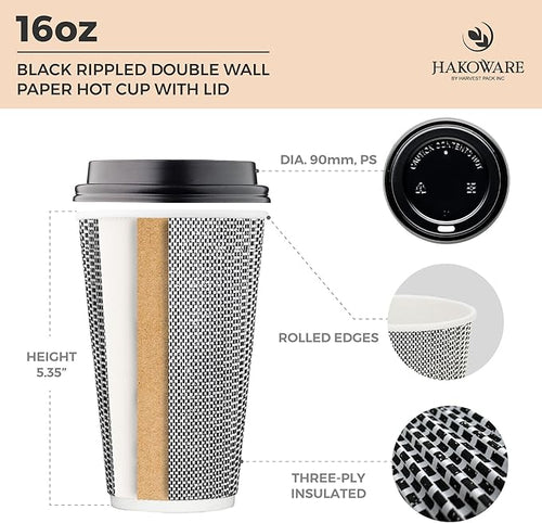 16 oz Disposable Paper Coffee Cups with Lids Insulated Double-Walled Togo