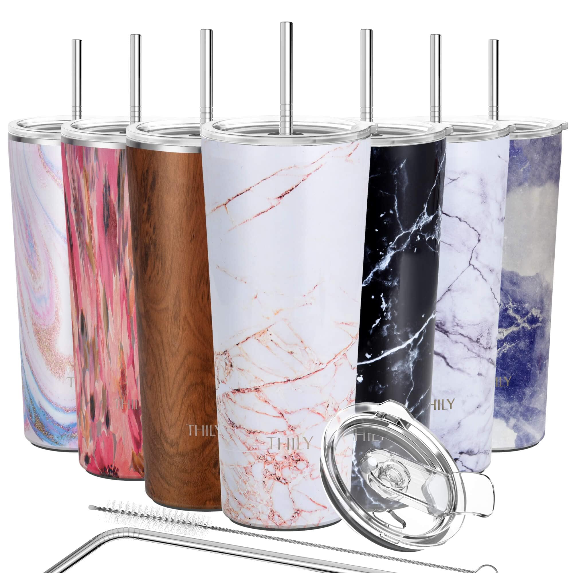 THILY Stainless Steel Vacuum Insulated Tumbler Travel Mug 26 oz Coffee Cup with 2 Lids and Straws, Splash Proof, Keep Ice Drinks Cold, Gold Marble