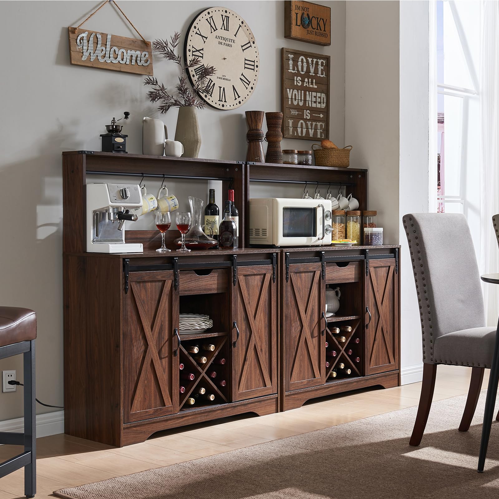 Wnutrees Farmhouse Coffee Bar Cabinet with Charging Station and USB, Brown