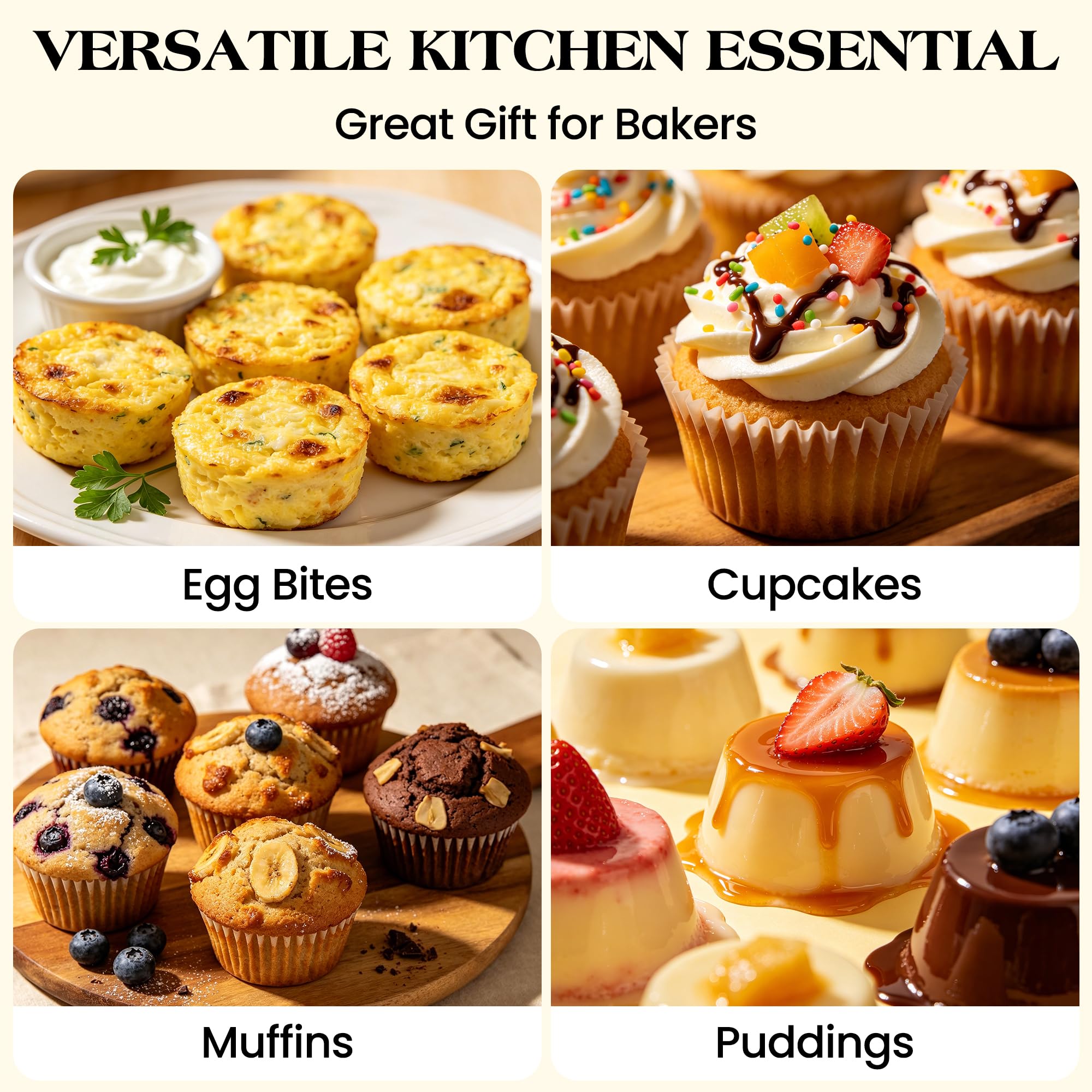 AOTASO 2 Pcs Silicone Muffin Pan with Metal Frame Nonstick 12 Cup Regular Size Cupcake Pan Silicone Muffin Tray for Baking Egg Bites Muffins Cupcakes Gifts for Mom Home Baker Kitchen (Cream)