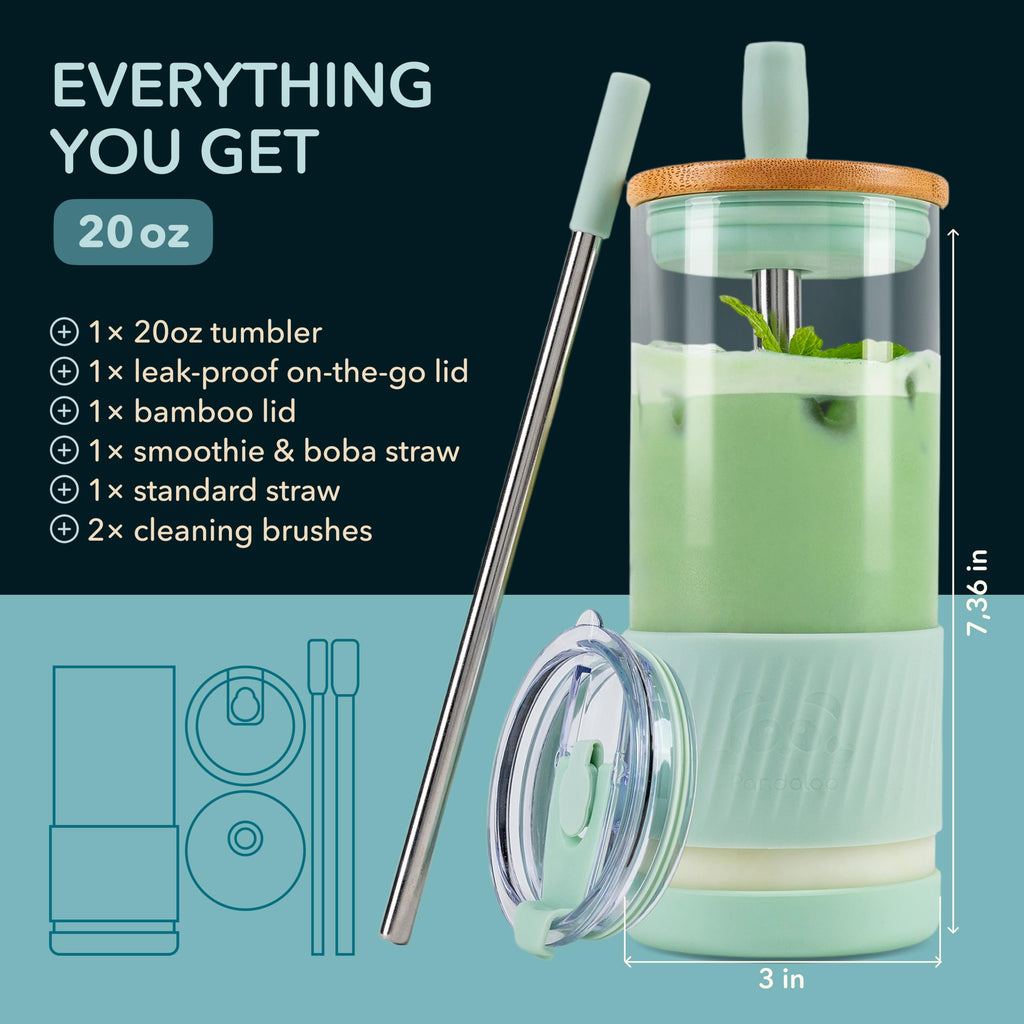 Pandaloo® Glass Cups With Lids and Straws -20 Fl Oz- Perfect Size Iced Coffee Cup - Smoothie Cup With Bamboo Lid and On the go Lid (Sweet Sage, 1 Count (Pack of 1)