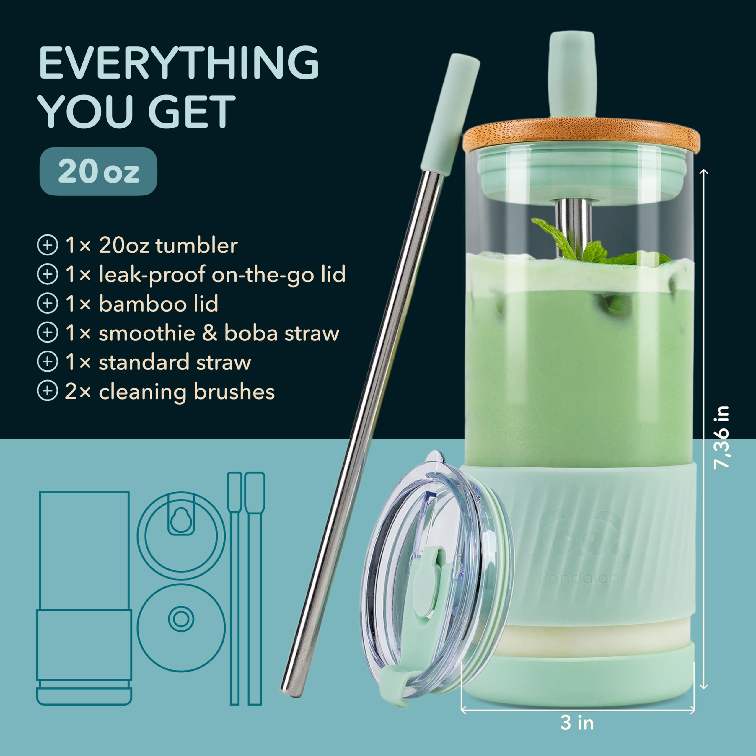 Pandaloo® Glass Cups With Lids and Straws -20 Fl Oz- Perfect Size Iced Coffee Cup - Smoothie Cup With Bamboo Lid and On the go Lid (Sweet Sage, 1 Count (Pack of 1)