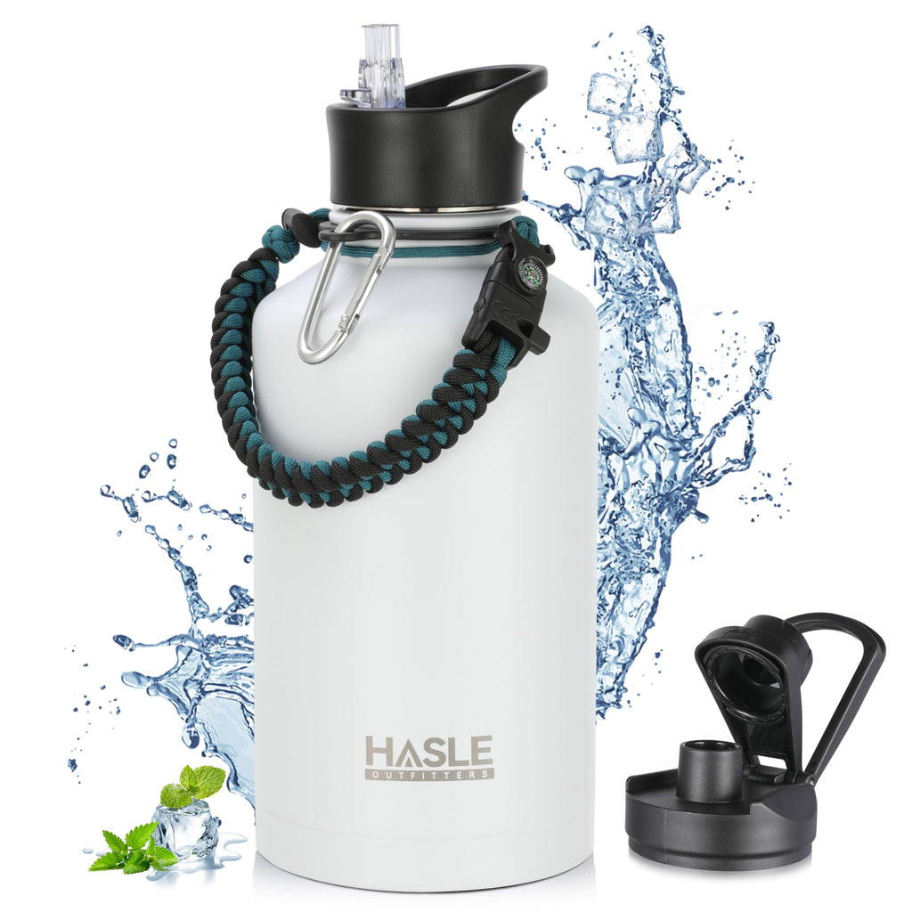 HASLE OUTFITTERS Half Gallon Insulated Water Bottles 64 oz, Stainless Steel Metal Water Jug with 2 Lids Keep Cold 48h/Hot 24h, Leak Proof & BPA-Free Water Flask Jug(White,1)