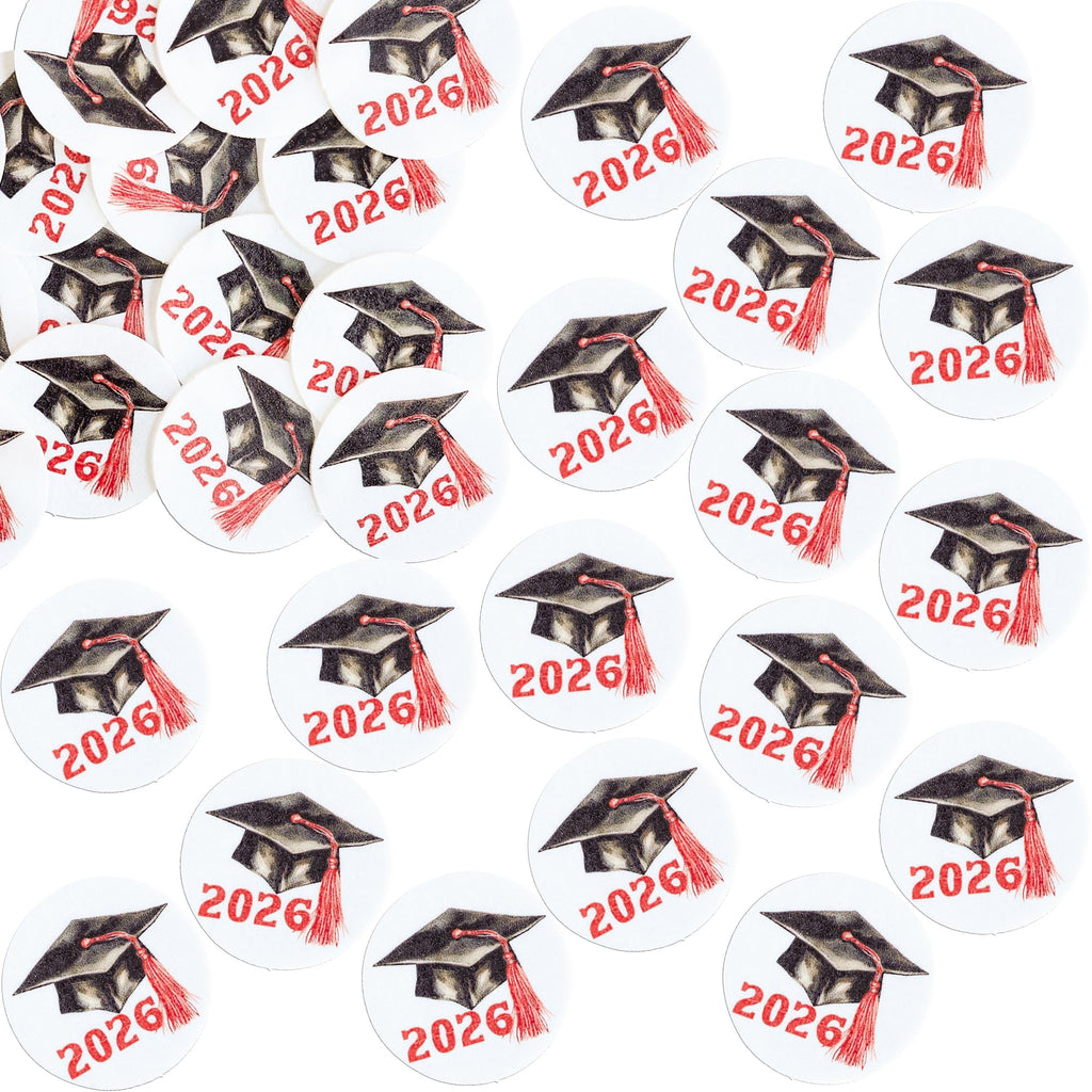 Gyufise 48Pcs Edible 2026 Graduation Cap Cupcake Toppers Wafer Paper Class of 2026 Grad Cap Cupcake Picks for 2026 Graduation Theme Party Cake Decorations Supplies Red