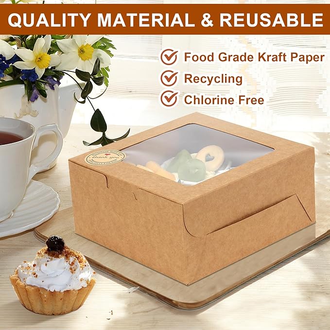 OAMCEG 50 PCS Cookie Boxes with Window, 6x6x3 Inch Cupcake Boxes, Brown Bakery Containers for Pastry, Dessert, Chocolate Strawberries, Treat Boxes with Stickers & Jute Twine