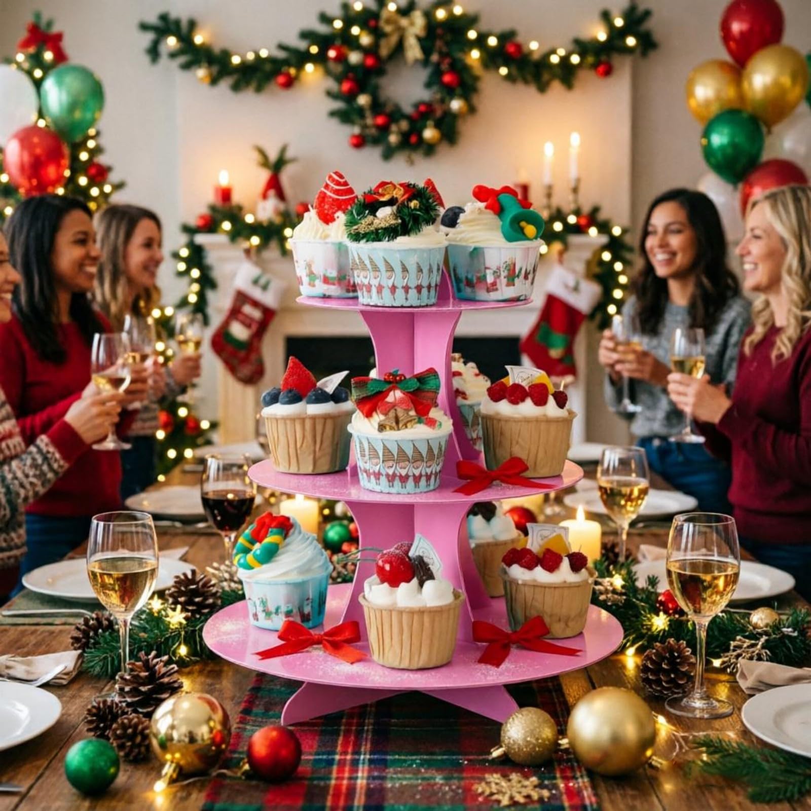 YLDW Cupcake Stand 2Pcs, 3-Tier Cupcake Stand Display, Cardboard Cup Cake Tower Stand, Disposable Dessert Stand for Birthday Tea Party Baby Shower Treat Decorations, Pink