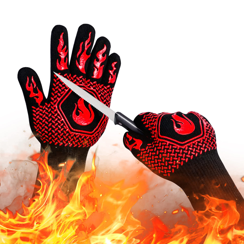 BBQ Gloves 1472F Heat Resistant Non-Slip Silicone 13.8in (Red)