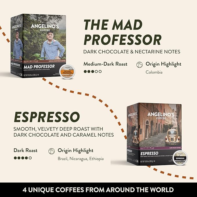 Angelino's Coffee Reserve Variety Pack, 96 Count – 4 Premium Single-Origin Blends, K Cup Compatible for Keurig – Italian Roast, Mad Professor, Breakfast in Antigua & Costa Rica Volcanica