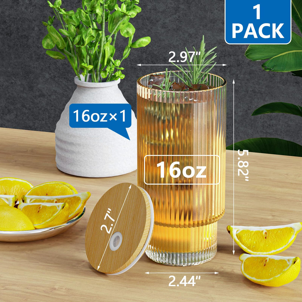 CWHHRN 16 OZ Glass Cup with Lid and Straw, Vintage Ribbed Glassware for Whiskey Cocktail Beer, Iced Coffee Cups with Lid, Glass Tumbler with Straw and Lid (1 PACK)