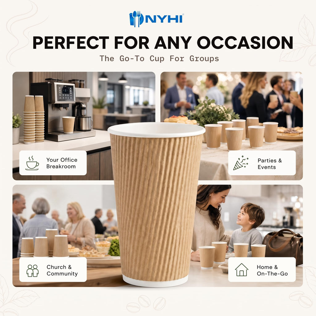 NYHI 150 10 oz Ripple Kraft Paper Cups Brown Hot Cold Cups 3 Layer Rippled Small Insulated Disposable Coffee Cups for Cappuccino Hot Cocoa or Iced Drinks