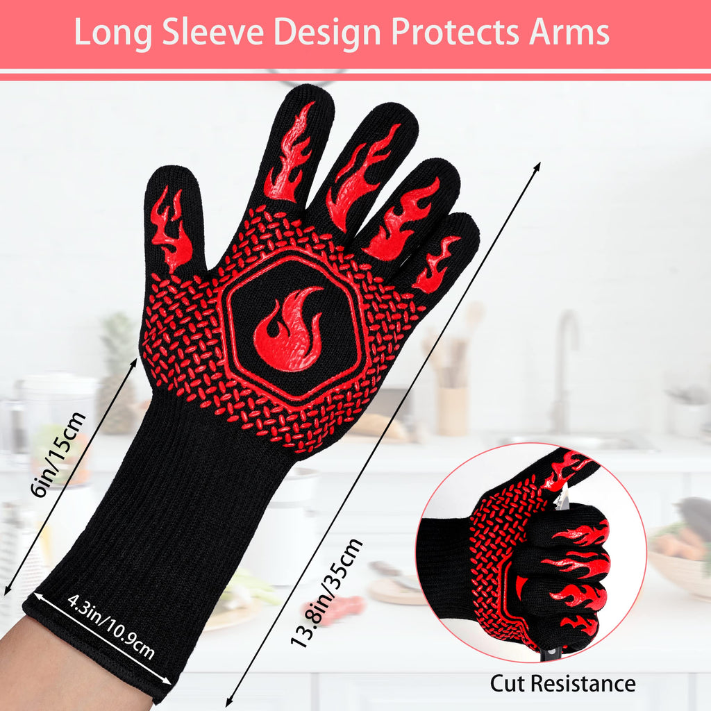 BBQ Gloves 1472F Heat Resistant Non-Slip Silicone 13.8in (Red)
