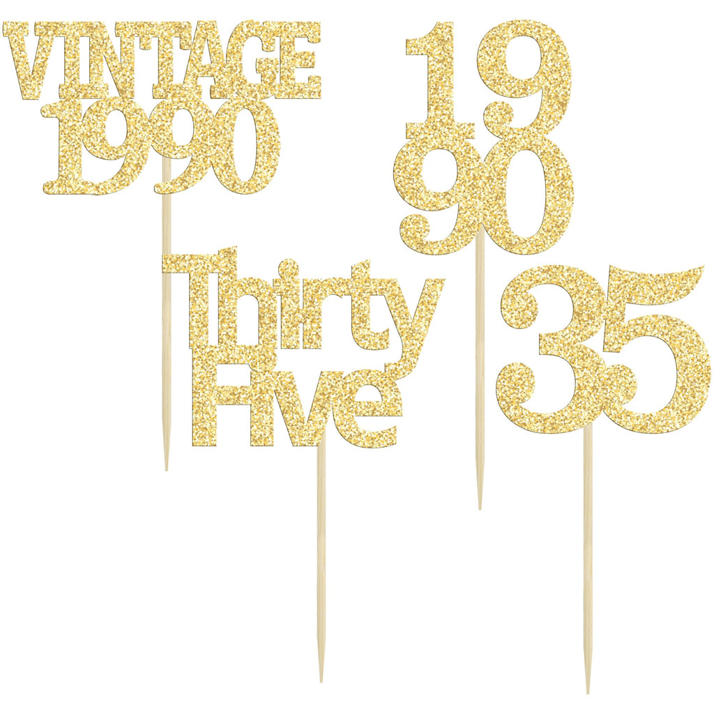 Gyufise 24Pcs Happy 35th Birthday Cupcake Toppers Glitter Thirty Five 35 Fabulous Vintage 1990 Cupcake Picks for 30th Birthday Wedding Anniversary Party Cake Decorations Supplies Gold
