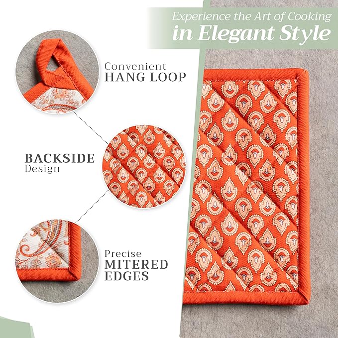 Maison d' Hermine 100% Cotton Oven Mitt & Pot Holder Set (7.5"x13" & 8"x8") Heat Resistant BBQ Cooking Gloves with Loop, Baking, Grilling, Kitchen, Handling Hot Pans (Cachemire)