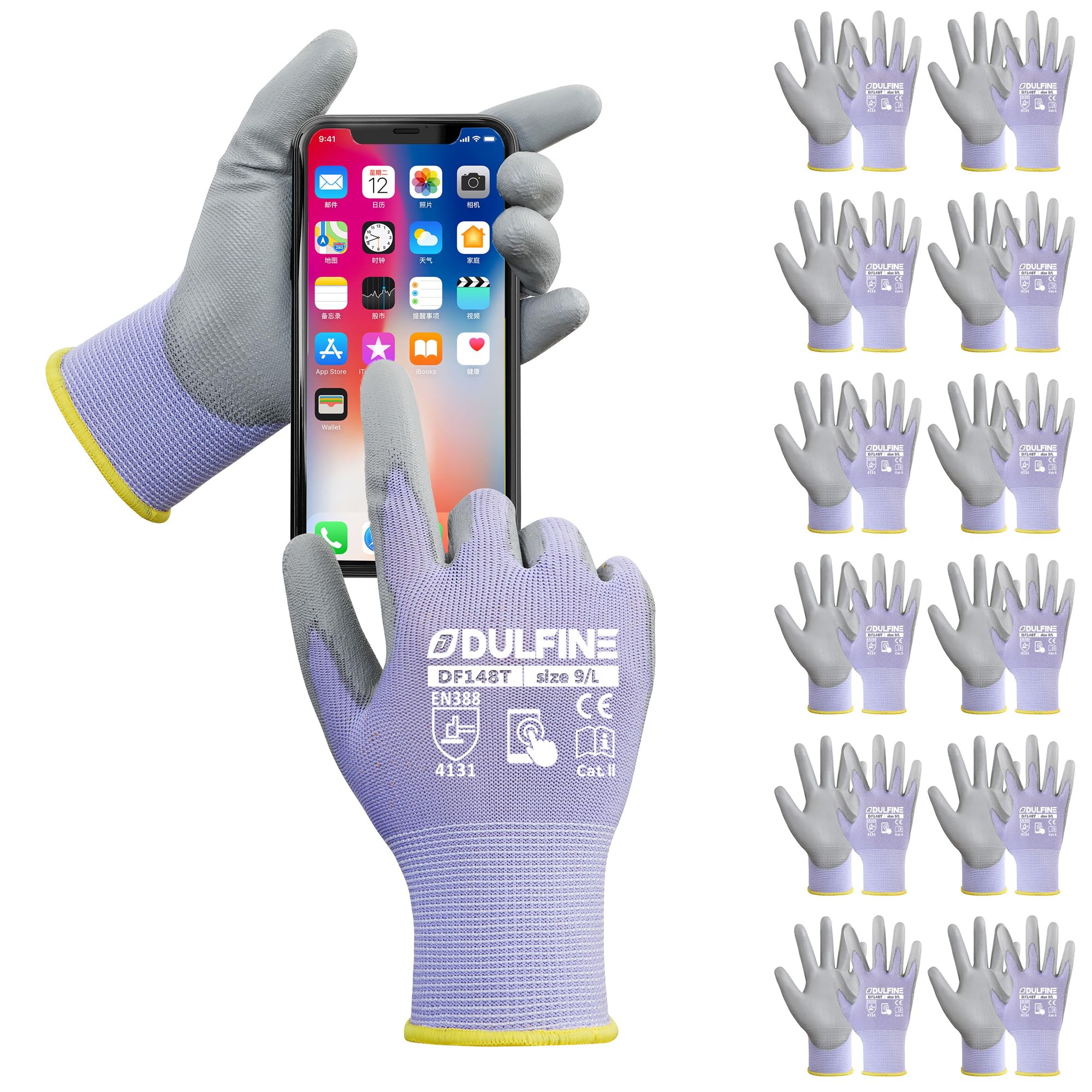 DULFINE Touchscreen Work Gloves for Women 12 Pairs, PU Coated Purple L