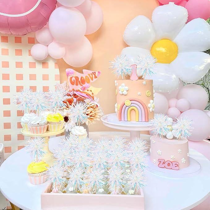 30 PCS Foil Firework Cupcake Toppers Happy Birthday Cupcake Toppers Sparkle Tinsel Flower Drink Stirrers Cocktail Fruit Toothpicks for Valentine's Day Baby Shower Party Cake Decor Supplies White