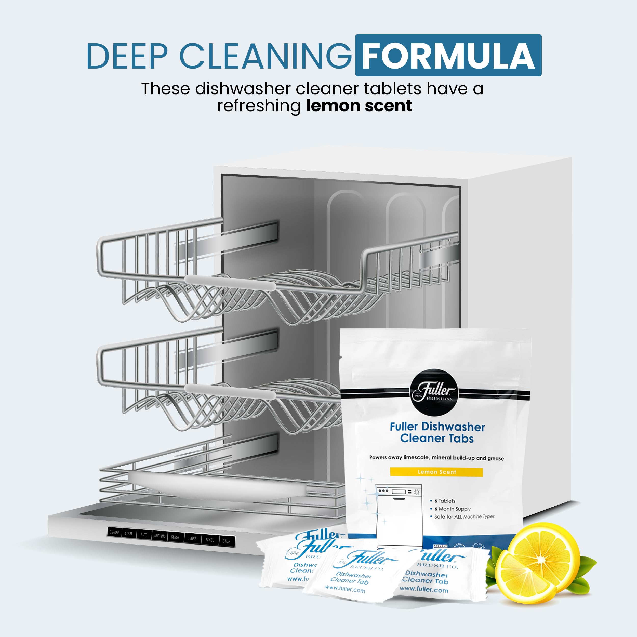 Fuller Dishwasher Cleaner Tabs – Lemon Scent – Eliminates Limescale, Grease & Odors – Septic Safe, Compatible with All Dishwasher Types – (Pack of 4)