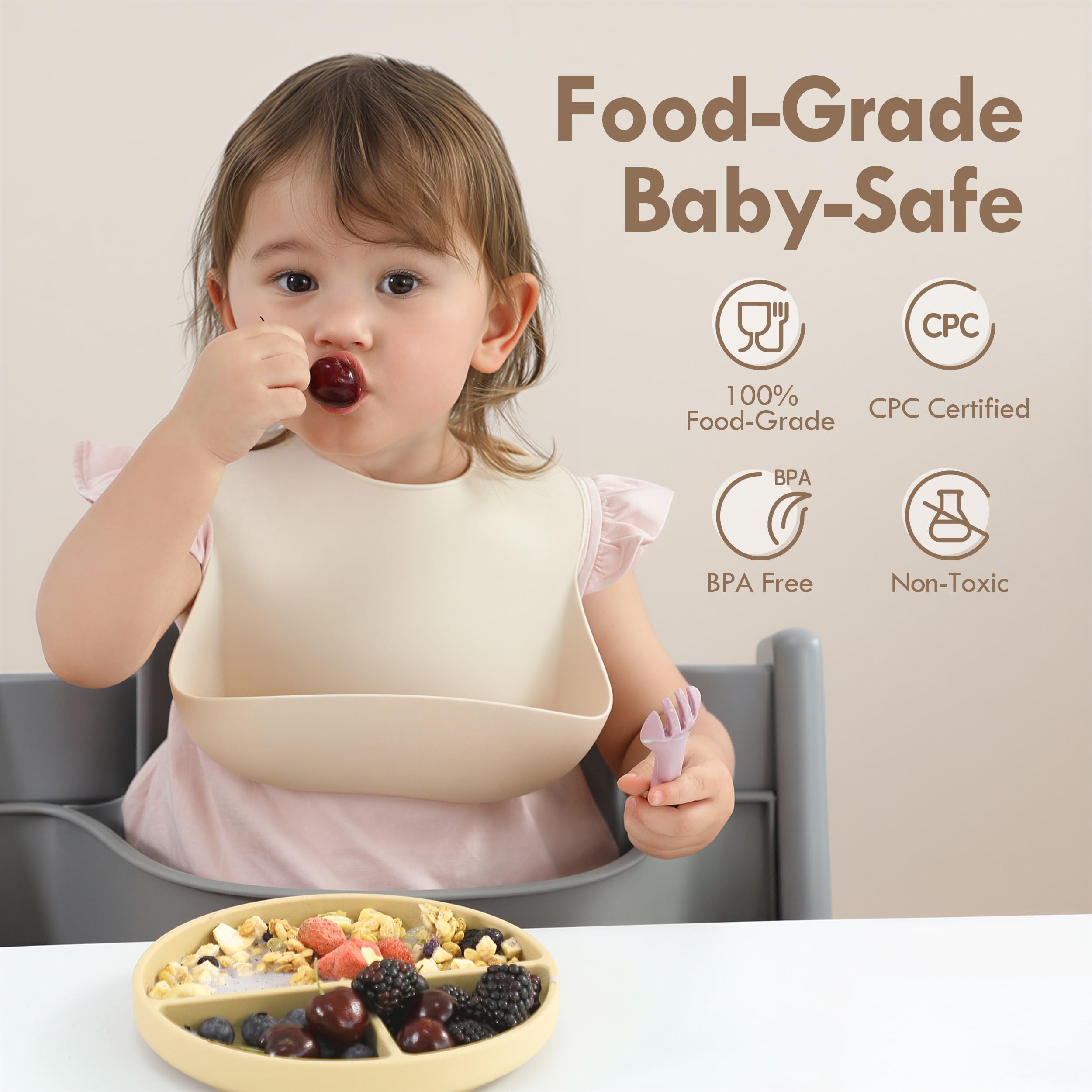 Moonkie Suction Plates for Baby | 100% Silicone BPA-Free Baby Plates with Lids and Food Cover | Divided Design | Microwave and Dishwasher Safe | Toddler Plates 2 Pack