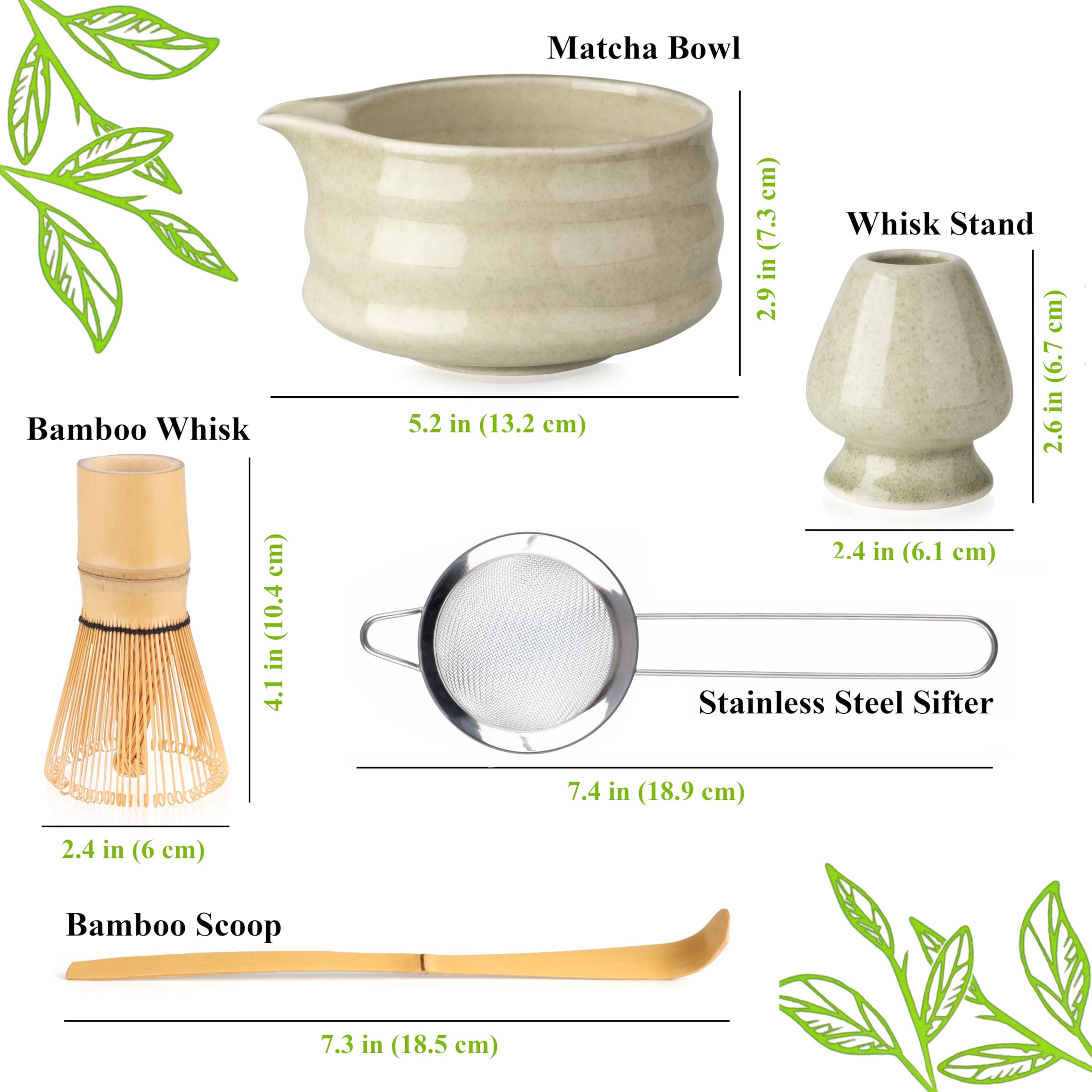 Marce Matcha Whisk Set- Matcha Set includes Matcha Whisk and Bowl (Bowl with Spout), Sifter, Holder and Scoop- The Perfect Bamboo Whisk for Matcha Tea (Black- 7PC)