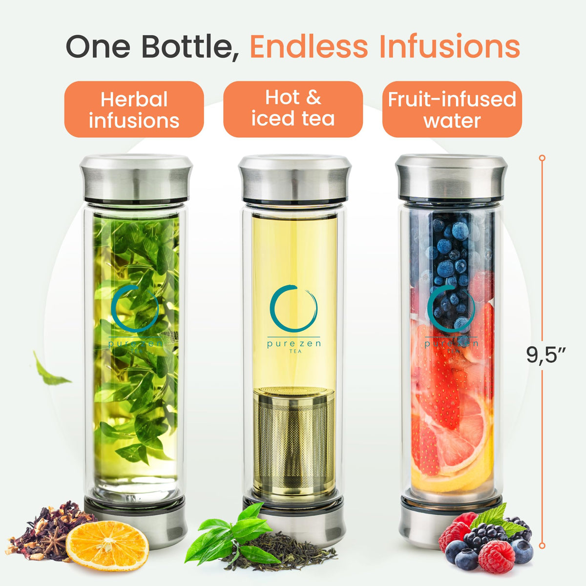 Pure Zen Tea Infuser Bottle, 13 oz, Tea Bottle with Infuser, Tea Gift Set